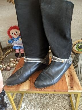 Vintage Black Mid-Calf Boots with Silver Accent Buckle